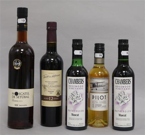 Five bottles of Muscat, Semillion, Pedro Ximenez aged 12 yrs, Moscatel de Setubal